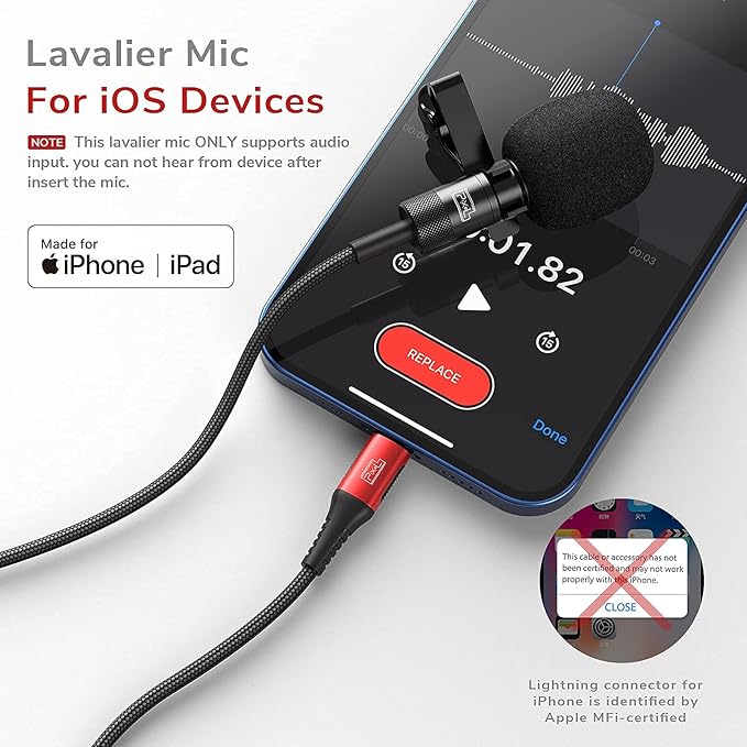 PIXEL Lavalier Microphone for iPhone (Apple MFi-Certified) | Lav Mic for Vlogging | External Microphone for Video Recording, Compatible with All Lightning Devices (10ft)