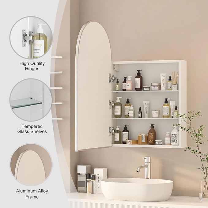 Arched Medicine Cabinet with Mirror,Brushed Nickel Mirror Cabinet with Storage,Adjustable Shelves, Wall Mounted Only, Modern Bathroom Storage,20x32 Inch