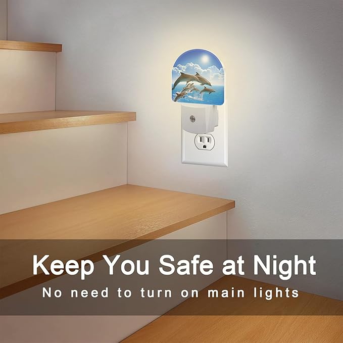 sndheke Jumping Dolphins Night Light Plug into Wall, Blue Sea and Bright Sky Dusk to Dawn Night Light Plug in,0.5w Energy Saving Sleep Friendly NightLight for Kids Boys Girls Home Decor