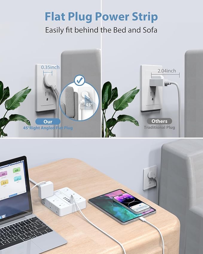 Surge Protector Power Strip 15 Ft Extension Cord, 12 Widely Spaced Outlets 6 USB (2 USB C) Ports, Ultra Thin Flat Plug Surge Protection for Home, Office, Dorm Room Essentials