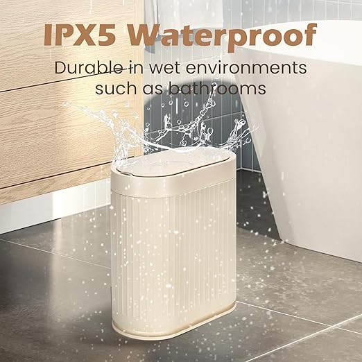 Bathroom Trash Can with Lid Automatic 2 Gallon Sensor Trash Bin, 7.5 Liter Smart Rubbish Bin, Motion Sensor Waterproof Bathroom Decor, Plastic Narrow Garbage Can for Bedroom, Office, Beige