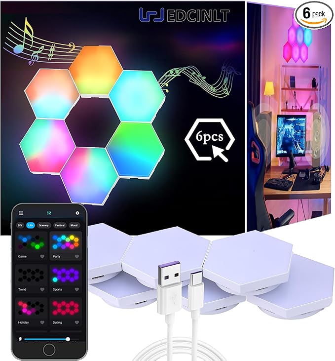 HEDCINLT Smart Hexagon Lights DIY Hexagon Led Light App & Remote Controlled & Music Sync Features USB & Type C Modern RGB Wall Panels for Living & Gaming Decor (6Pack)