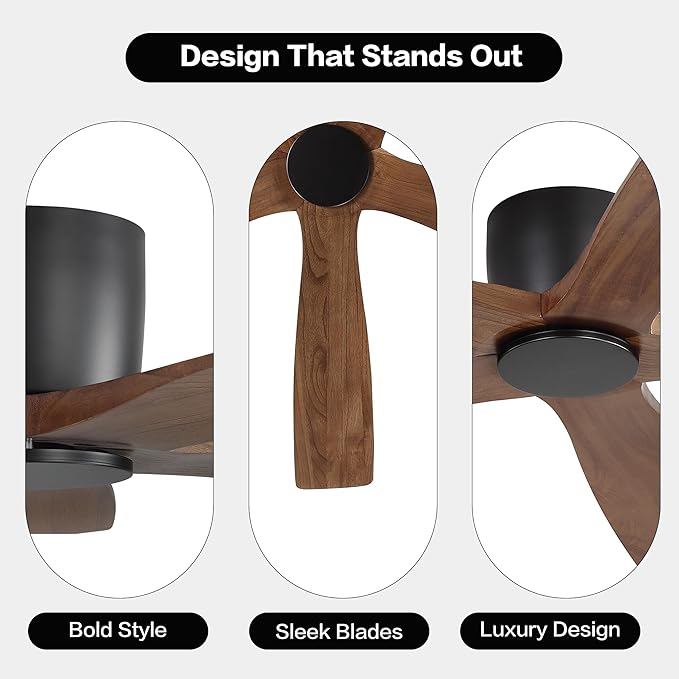 WINGBO 48" Flush Mount DC Ceiling Fans without Lights, 5 Carved Solid Wood Blades, 6-Speed Reversible DC Motor, Low Profile Hugger Ceiling Fan No Lights for Living Room Bedroom Patio, Black and Walnut