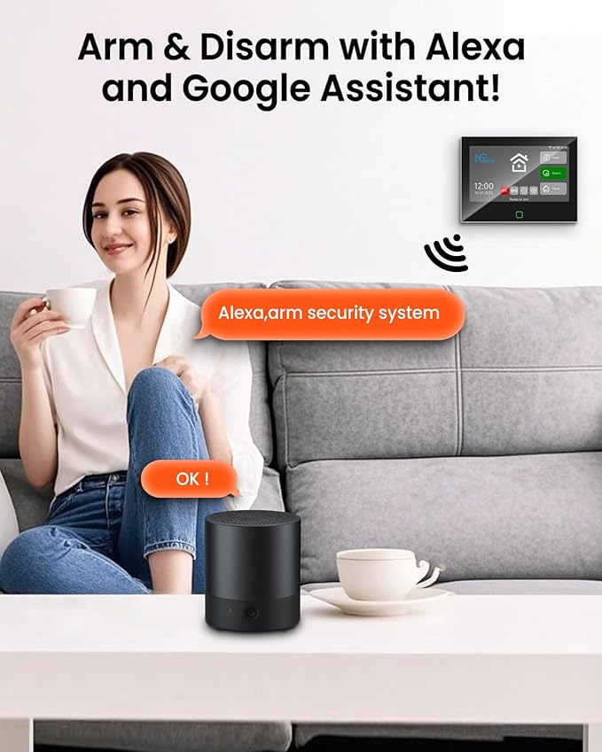 Wireless Home Alarm System 9 PCS, 2.4G WiFi Alarm System with 7 in Touchscreen, Remotes, Door Sensors, Motion Detector for Home, Apartment Security, Compatible with Alexa & Google, No Monthly fees