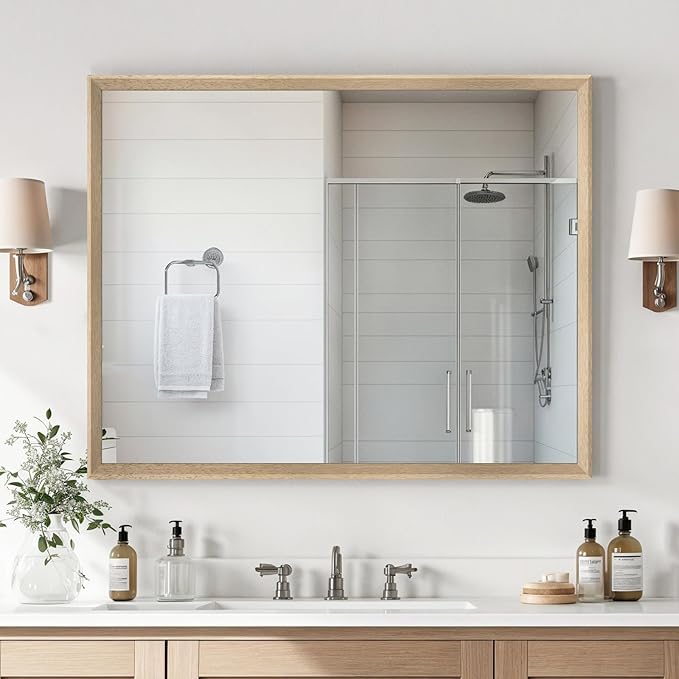 Oak Wood Effect Framed Wall Mirror, 32x40 Rectangle Mirror, Anti-desilvering Tempered Glass, Sustainable& Sturdy Frame, Anti-Rust, HD Reflection &3min Fast Setup for Bathroom Living Room