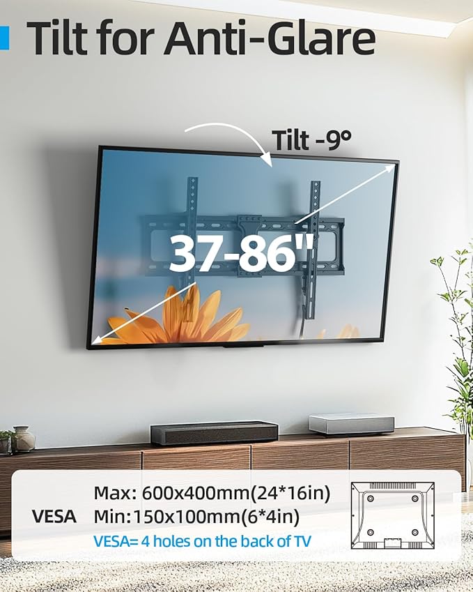 Tilt TV Wall Mount Fits 16-24" Studs, Holds 37-82" TVs up to 132 lbs, Max VESA 600x400mm - by USX STAR