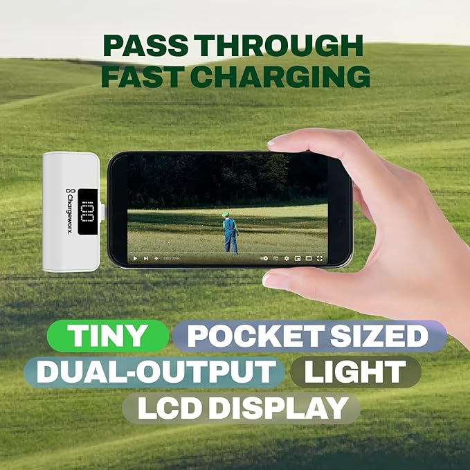 CHARGEWORX Mini Portable Charger Power Bank with Built-in Lightning Output, 5,000 mAh Power Bank with Fast-Charge Dual Output, Pass-Through Charging, LCD Display, Compact Design, White