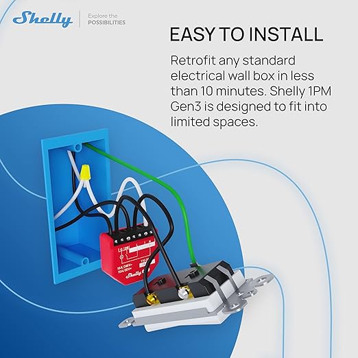 Shelly 1PM Gen3 | WiFi Smart Relay Switch with Power Metering, 1-Channel 16A | Home Automation | Compatible with Alexa & Google Home | iOS Android App | No Hub | Wireless Lighting Control
