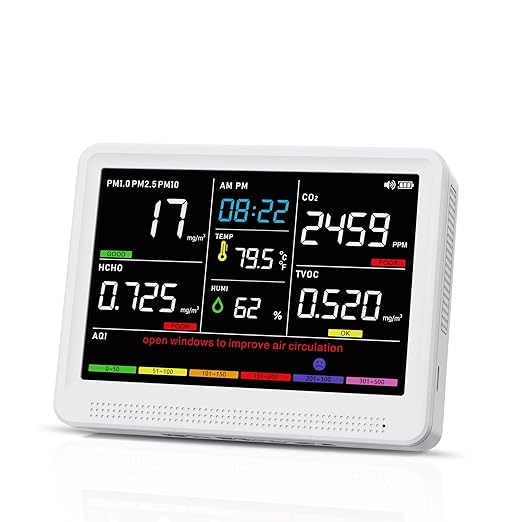 Upgrade 16 in 1 Air Quality Monitor Indoor 15h Battery & 5.5" Display 9 AQI+7 AQI Alerts, CO2 Monitor Air Quality Tester for CO2, TVOC, PM2.5 PM1.0 PM10, HCHO Temperature Humidity AQI & Time Air Meter