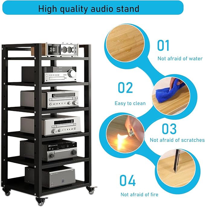 Dernoing 6 Tier Audio Rack Tower, CD Record Player Stereo Receiver AV Equipment Cabinet Display Rack, Weight Capacity 661 lbs, with Adjustable Wooden Shelves for Home (6 Tier Black)