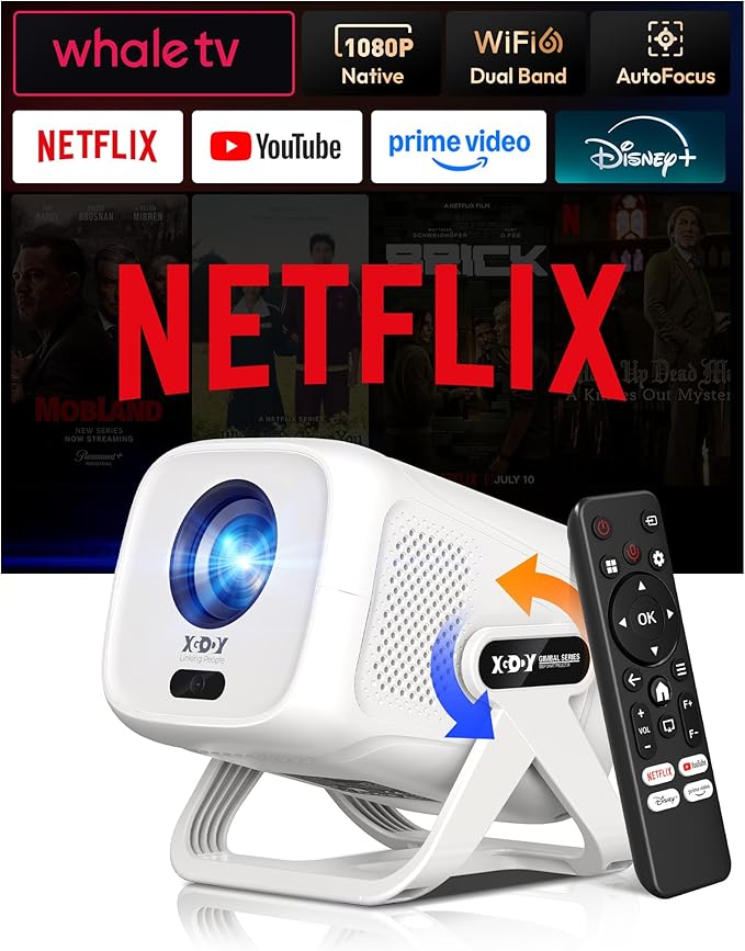 Xgody Gimbal N5 Compatible with Netflix & Auto Focus Keystone Smart Mini Projector with WiFi6 and Bluetooth, Portable Projector Native 1080P & Voice Controlled, 4K Home Movie Projector, White