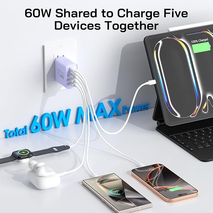 2Pack USB C Fast Charger Block, Total 60W 5-Port USB C Wall Charger 30W Type C Charging Block, 2USB C+3USB A PD 3.0 Multiport Charging Cube for iPhone 17 16 15 14 Pro Max, G-alaxy S25 S24 Ultra, i Pad