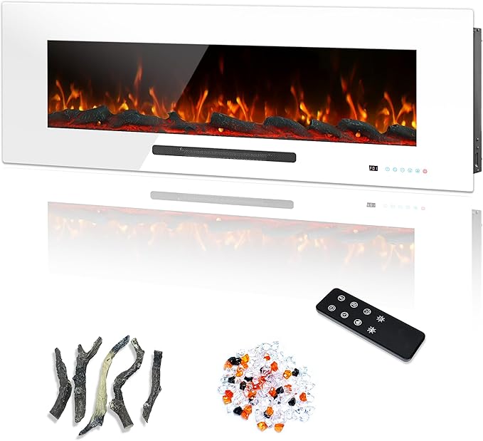 50" Electric Fireplace, Recessed & Wall Mounted Fireplace Heater 13 * 13 Colors Flame &Fuel Bed w/5 Dimmer, Touchscreen &Remote Control Temp, Overheating Protect, Hardwired, 1500W, White