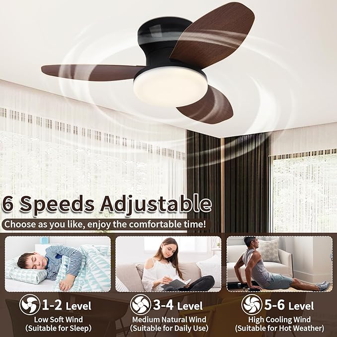 Glowall Small Ceiling Fan with Lights and Remote, 25 Inch Flush Mount, Reversible Quiet DC Motor, 3 Blades, 6 Wind Speeds, Dimmable LED, Adjustable Color Temperature, Timer