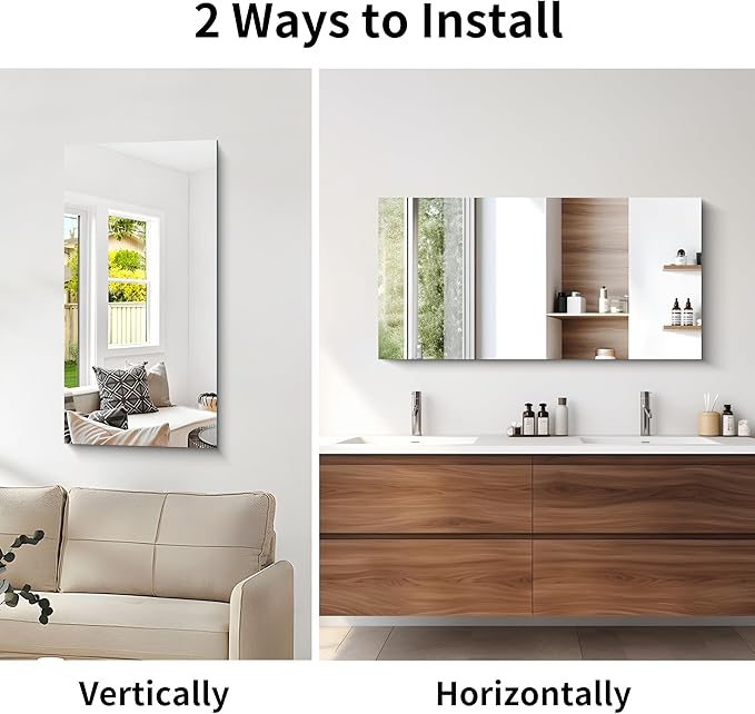 CILIBER Frameless Mirror, 20x40 Inch Bathroom Mirrors for Wall, Rectangle Bathroom Vanity Mirrors with Polished Edge, Hangs Horizontally or Vertically for Bathroom, Bedroom and Living Room