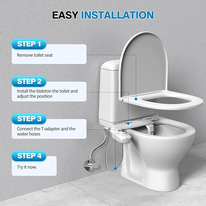 Non-Electric Bidet Attachment for Toilet, Ultra Slim Self-Cleaning Retractable Dual Nozzles for Rear & Feminine Wash, Adjustable Water Pressure,Stainless Steel Inlet