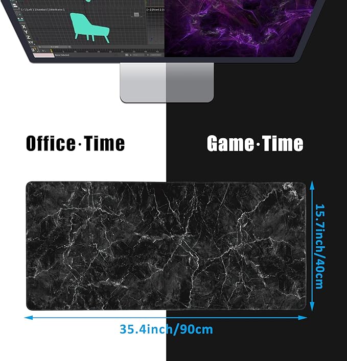 EOBKLAX Black Marble Texture Desk Mat,Large Gaming Mouse Pad,Non-Slip Rubber Base Desk Pad with Stitched Edges for Desk Office Home Decor 35.4X15.7 Inch