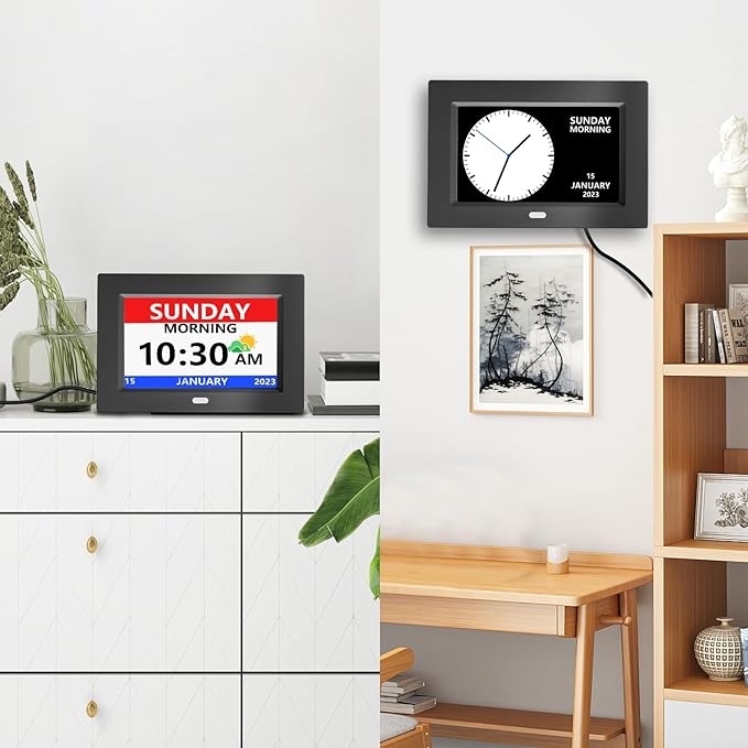 MRCHYDZ 7 Inch Clock with Day and Date for Elderly Large Display Digital Clocks 12 Alarms 3 Display Modes Large Font Alzheimer's Clock Alarm Clocks for Seniors Auto DST Black