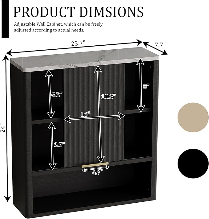 Bathroom Wall Cabinet, Fluted Medicine Cabinet with Adjustable Shelves, Wood Over The Toilet Storage Cabinet for Kitchen, Living Room, Laundry Room, Black