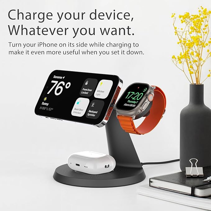 3-in-1 Wireless Charging Station for Apple Devices - Fast Charging Station for iPhone and Watch with MagSafe, Stable Charger Stand for iPhone 17 Air 16 15 14 13 12 Series & iWatch & AirPods