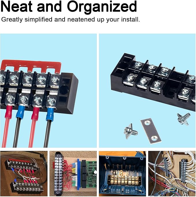 MILAPEAK Terminal Block and Strip - 6 Sets 8/10/12 Positions 600V 25A Dual Row Wire Screw Terminal Strip Block with Cover + 400V 25A Pre-Insulated Terminals Barrier Strips Jumpers (Black & Red)