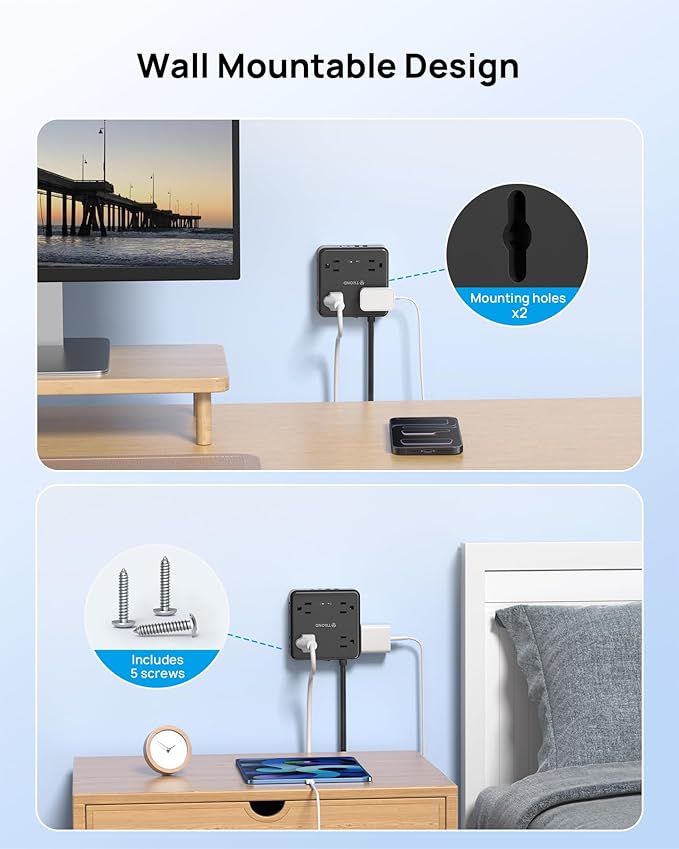 TROND 360° Rotating Flat Plug Power Strip, 5FT Flat Extension Cord with Multiple Outlets 4 USB (2 USB C), Wall Mount Surge Protector 1440 Joules for Home Office Travel Dorm Room Essentials, Black