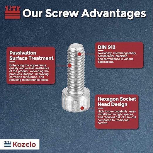 Kozelo 10pcs Socket Head Cap Screws - [M8-1.25 x 16mm] 304 Stainless Steel Allen Socket Drive for Electrical Motor 3D Printing Fan Engine Replacement Use, Silver