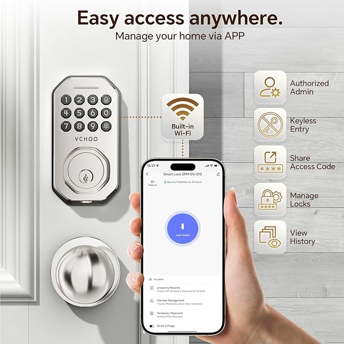 VCHOO Keyless Entry Door Lock Set WiFi Smart App Control Door Lock for Front Door Keypad Deadbolt with 2 Knobs Auto Lock One Time Codes Easy Install, Satin Nickel