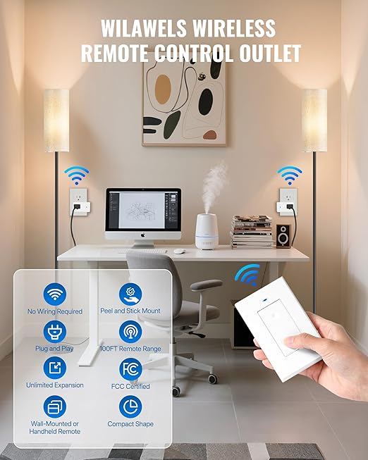 WILAWELS Remote Control Outlet Wireless Light Switch, Removable Remote Outlet Switch Kit for Lamps, Lights, Appliance, Expandable, 100ft RF Range, FCC Listed (1 Controller + 2 Outlets) W08RC1206