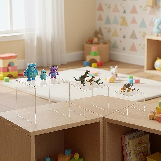 Chuangdi 2 Sets Acrylic Display Risers, Product Stand, Jewelry Display Riser Shelf Showcase Fixtures for Dessert Cupcake Candy Figure Treat Action Showcase(Clear,Medium Set)