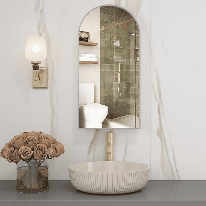 Silver Medicine Cabinet with Mirror,Arched Bathroom Cabinet Left or Right Opening,Wall Mounted Medicine Cabinet,Bathroom Vanity Mirror with Storage,Adjustable Shelves, Not Recessed,16x30 inch