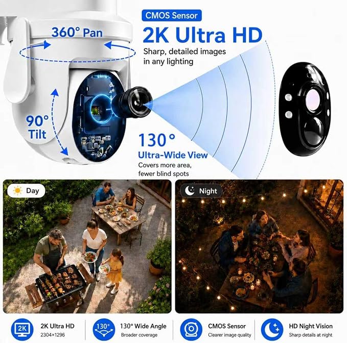 2K Solar Camera Outdoor Wireless, 2.4Ghz WiFi Battery Camera, 355° View - Image 2