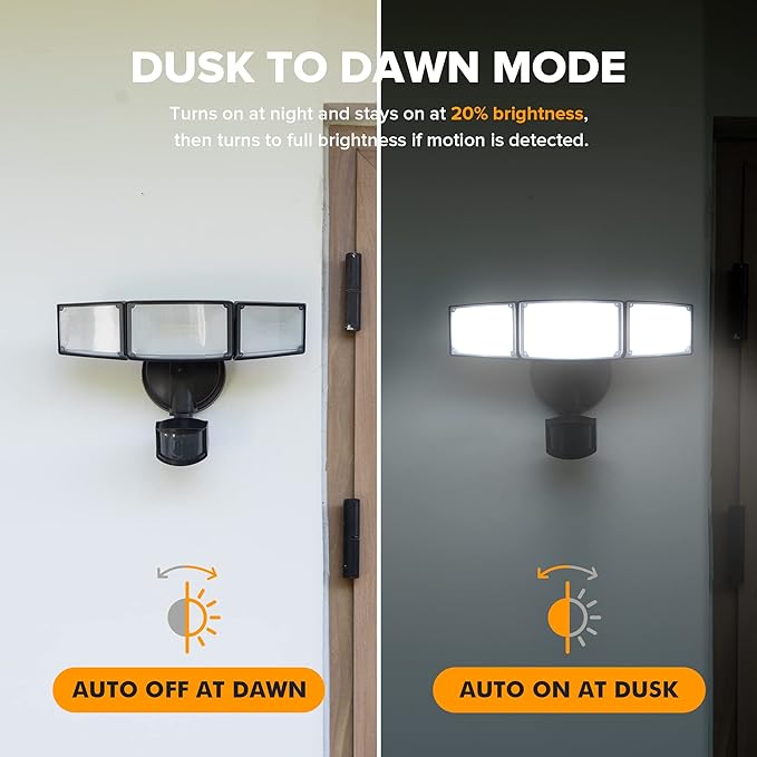LUTEC 72W 7500LM LED Security Lights Motion Sensor Light Outdoor, 5000K Daylight, IP65 Waterproof, Dusk to Dawn, 3-Head Motion Detected Flood Light for Garage, Yard, Porch(Black)