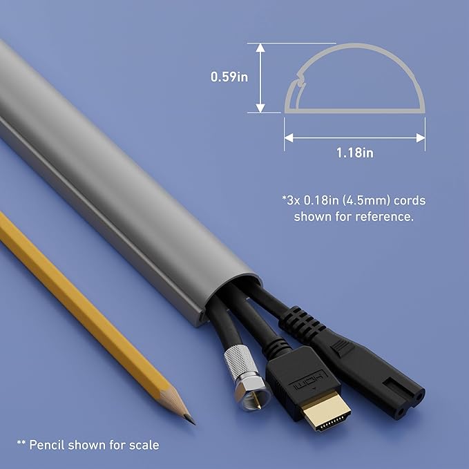 D-Line 31.4in TV Cord Hider, Patented Half Round Cable Cover, Hide Wall Mount TV Wires, Hinged One-Piece Cable Concealer, Adhesive, Decorative Raceway - 2X 1.18in W x 0.59in H x 15.7in L - Gray