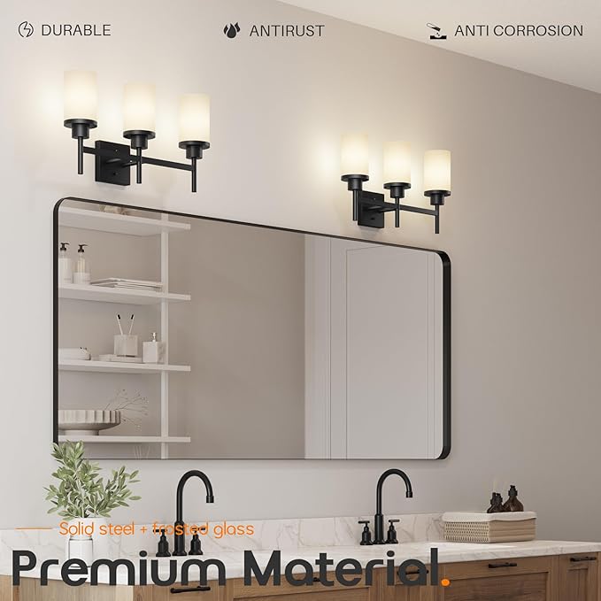 AONEON Vanity Lighting Fixtures Oil Rubbed Bronze 3-Light with White Frosted Glass Shade, Wall Sconces for Bathroom Cabinet Porch Kitchen T001ORB-L3