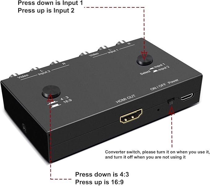 ZUZONG 2 RCA to HDMI, 1080P 2 Way RCA Composite CVBS AV Switch to HDMI Video Audio Converter Adapter Supporting 4:3/16:9, for PC Laptop Xbox PS2 PS3 N64 NGC SNES WII VHS VCR Camera DVD