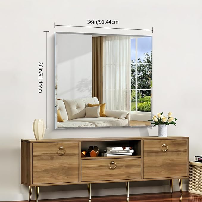 CILIBER Beveled Mirror, 36x36 inch Square Bathroom Mirrors for Wall, 3mm Tempered Glass, Upgraded Shatterproof Frameless Vanity Mirror Over Sink for Bathroom, Bedroom, Living Room and Entryway