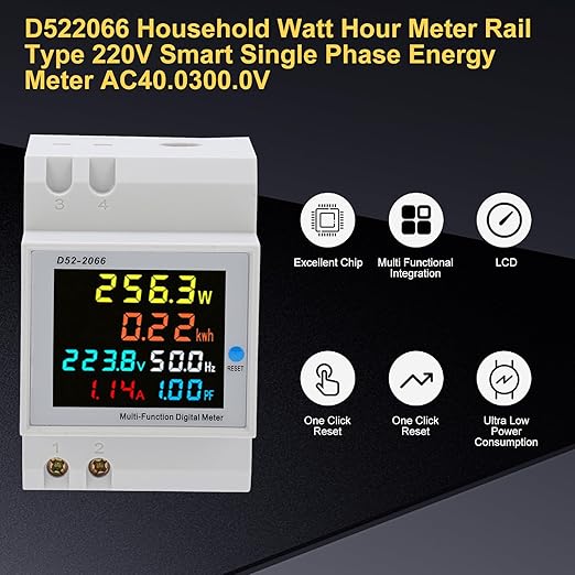 D52-2066 Single Phase Energy Meter with LCD Display Din Rail Electricity Usage Monitor for Voltage Current Power KWh Frequency Power Factor - 220V AC 40V-300V 100A Household & Industrial Use