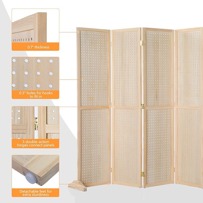 Bonnlo 4/6 Panel Pegboard Freestanding, 5 FT Portable Display Board Organizer for Craft Show Jewelry, Wooden Folding Privacy Screen Room Divider (Natural, 6 Panel with Base)