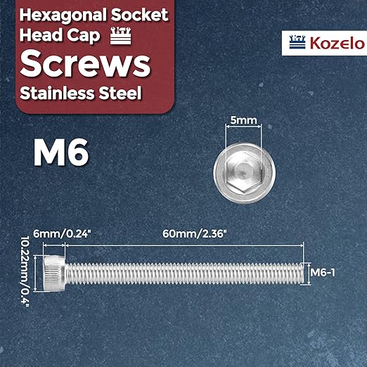 Kozelo 10pcs Socket Head Cap Screws - [M6-1 x 60mm] 304 Stainless Steel Allen Socket Drive for Electrical Motor 3D Printing Fan Engine Replacement Use, Silver