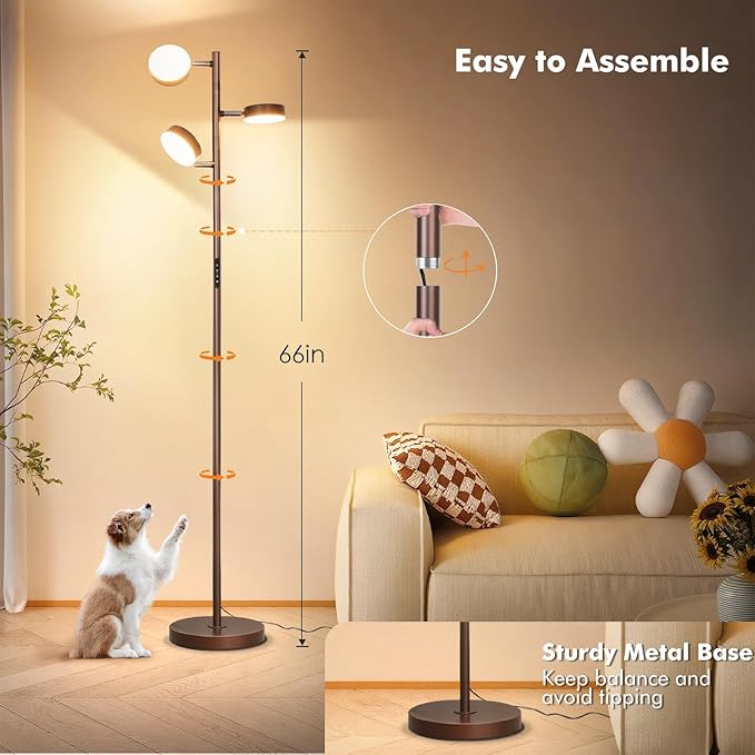 Benaep Tree Floor Lamp for Living Room - Modern Brown Standing Lamp, LED Floor Light with Remote & Touch, 3000K-6000K Dimmable for Bedroom Office Reading (3 Head)