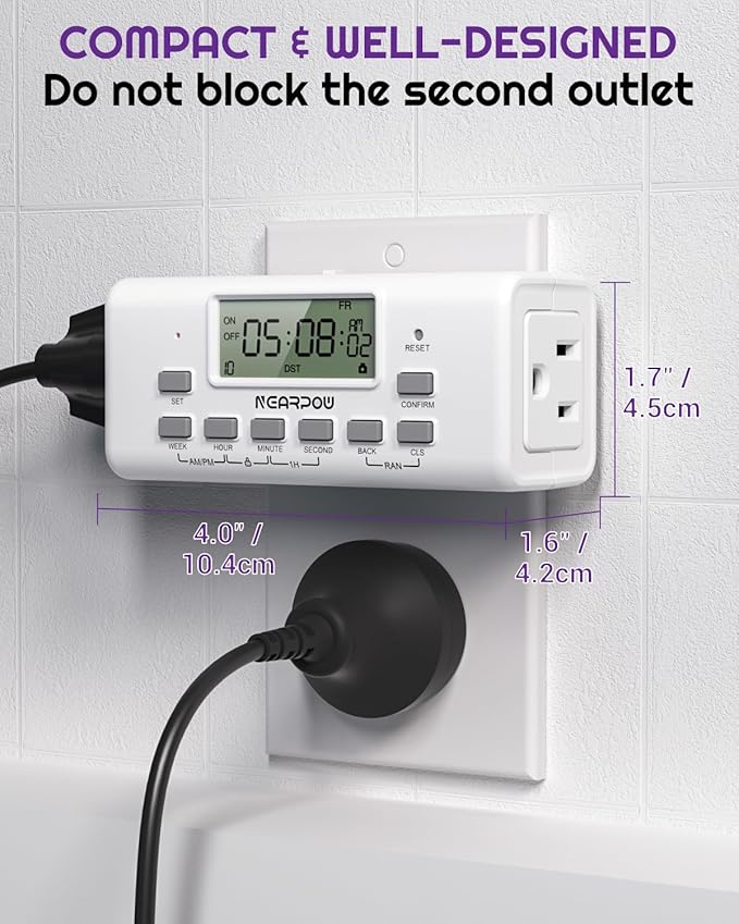 NEARPOW Digital Timer for Lamp with Dual Outlets, Programmable Timer in Door, Outlet Timers for Lights,10 On/Off Programs, 24-Hour and 7-Day Programmable Electric Plug Timers,3 Prong, 15A/1875W