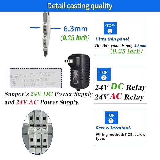3 Pcs Miniature Power Relay 24V DC/24V AC HF41F/24-ZS 6Amp SPDT with LED Indicator with Socket Base 41F-1Z-C2 with DIN Rail