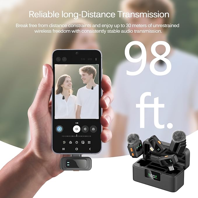 LIZHUZHONG Ai Mini Mic Wireless Lavalier Microphone System (2TX+2RX+Case), Magnetic & Clip-On Microphone for iPhone, Android, Vlogging, Studio-Quality Sound, 48H Battery, Ai Noise Cancelling