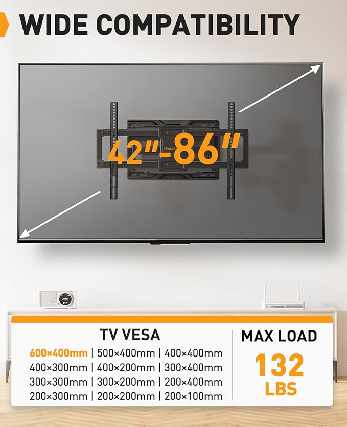 Perlegear Full Motion TV Wall Mount for Most 42–86 inch Flat Curved TVs up to 132 lbs, 12″/16″ Wood Studs, Bracket with Articulating Arms, Swivel, Tool-Free Tilt, Max VESA 600x400mm PGLF12