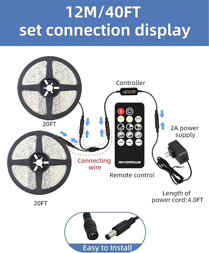 JNGMAIR 40ft LED Strip Lights with Remote, 6500K Daylight White Dimmable Tape Lights, 12V 720 LEDs 2835 Strong Adhesive Rope Lights for Cabinet Kitchen Ceiling Closet Vanity Mirror Stairway Basement