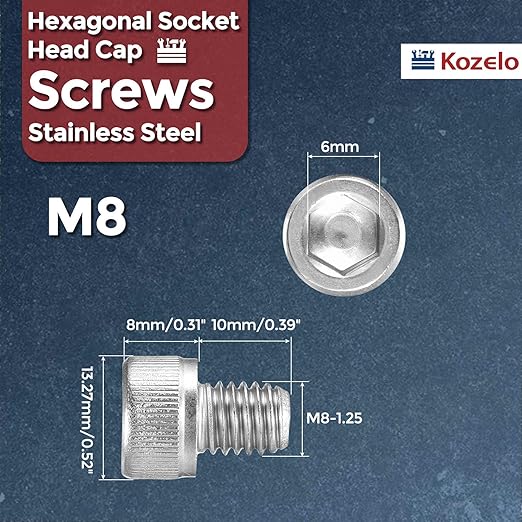 Kozelo 10pcs Socket Head Cap Screws - [M8-1.25 x 10mm] 304 Stainless Steel Allen Socket Drive for Electrical Motor 3D Printing Fan Engine Replacement Use, Silver