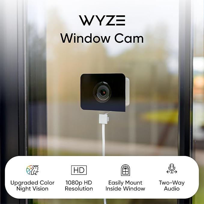 Wyze Window Camera, WiFi Indoor HD Home Security Camera, Upgraded Color Night Vision, Anti-Glare, AI-Powered Motion Detection, Easy & Quick Setup, 24/7 Recording, Works w/Alexa & Google