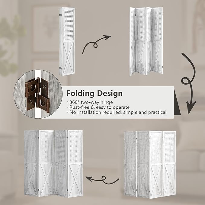 ALeesing 4 Panel Pegboard Wood Room Divider, 5.6Ft Pegboard Display Folding Privacy Screens, Peg Board Display Freestanding for Trade Show Craft Show Home Wall Organizer, Retro White