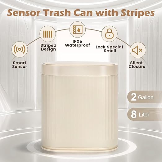 Bathroom Trash Can with Lid Automatic 2 Gallon Sensor Trash Bin, 7.5 Liter Smart Rubbish Bin, Motion Sensor Waterproof Bathroom Decor, Plastic Narrow Garbage Can for Bedroom, Office, Beige